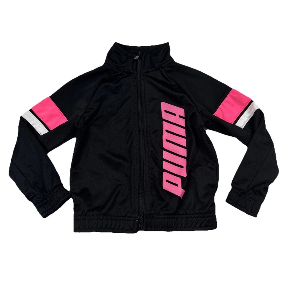 Puma Girls Size 5 Track Jacket Black Pink Stripe Full Zip Athletic Sweatshirt